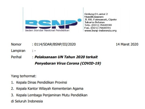 Surat Edaran BSNP : Pelaksanaan UN Tahun 2020 terkait Penyebaran Virus Corona (Covid-19)
